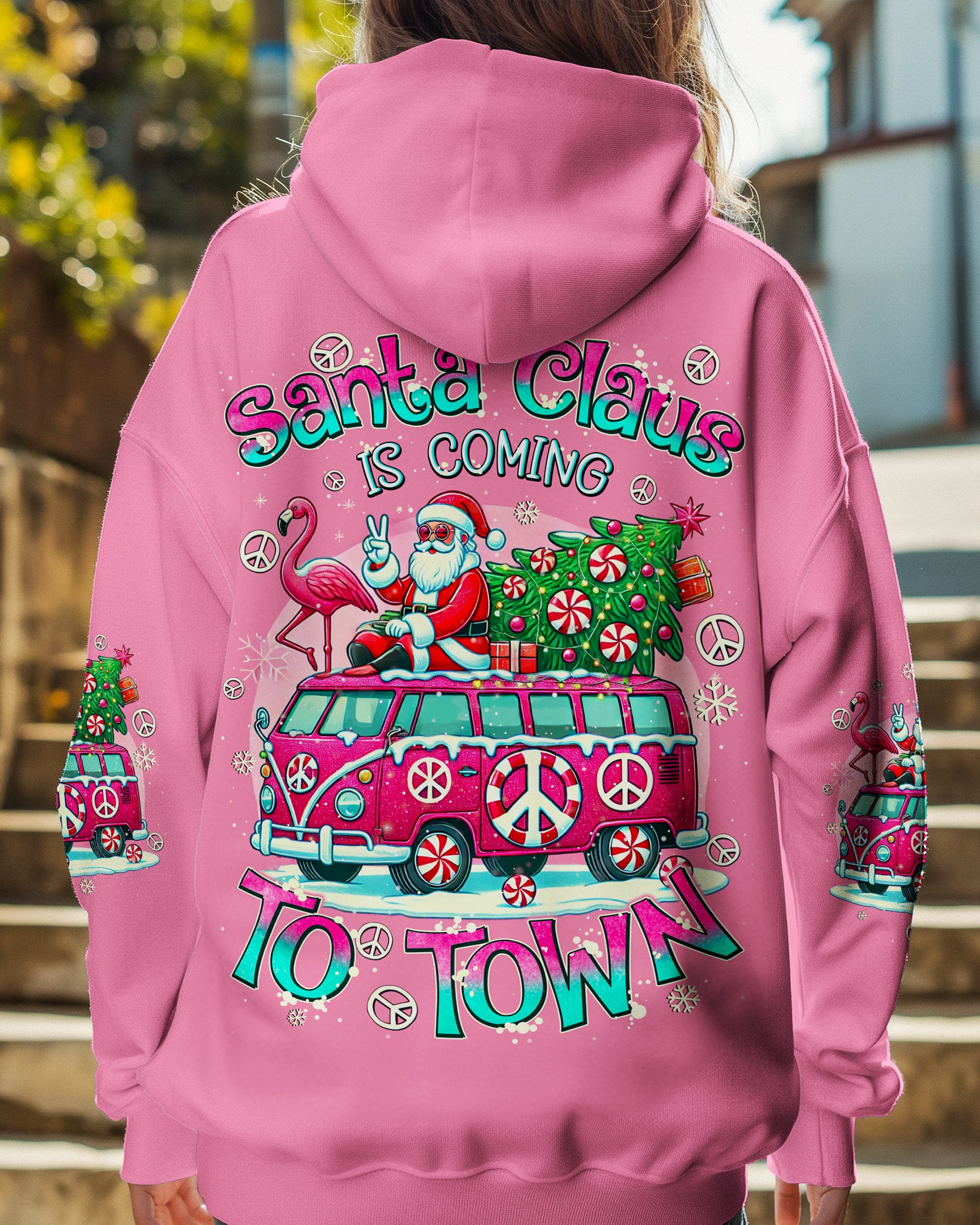 Flamingo Santa Driving Hippie Car Hoodie Santa Is Coming To Town Christmas Flamingo Gifts