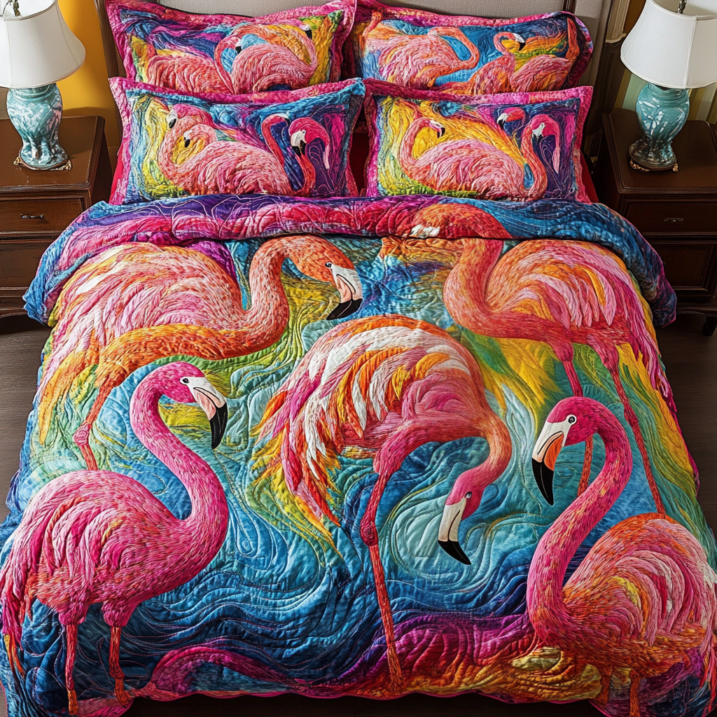 Flamingo Shore Quilted Bedding Set Cozy Bedroom Decor Cool Gifts For Flamingo Lovers