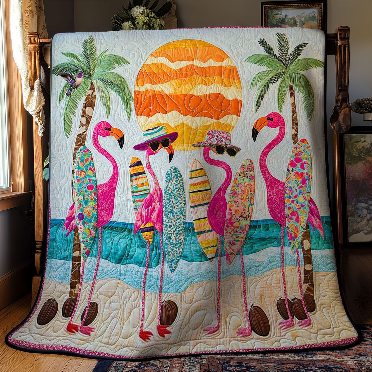 Flamingo Sun And Sea Quilt Luxury Quilt Blanket with Decorative Stitching