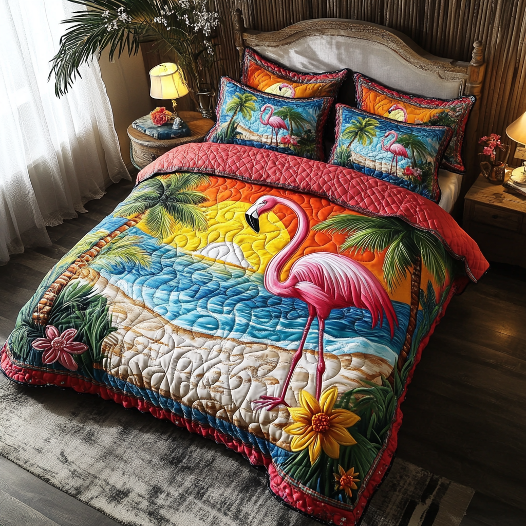 Flamingo Sunset Quilted Bedding Set Bed Decorations Christmas Gifts For The Beach Lover