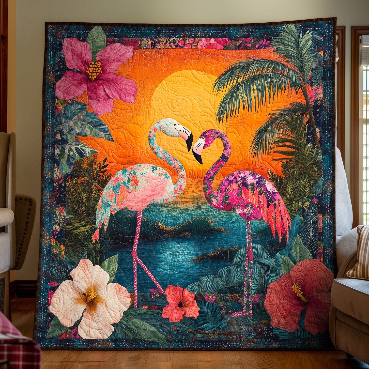 Flamingo Sunset Quilted Blanket Gifts For Flamingo Lovers