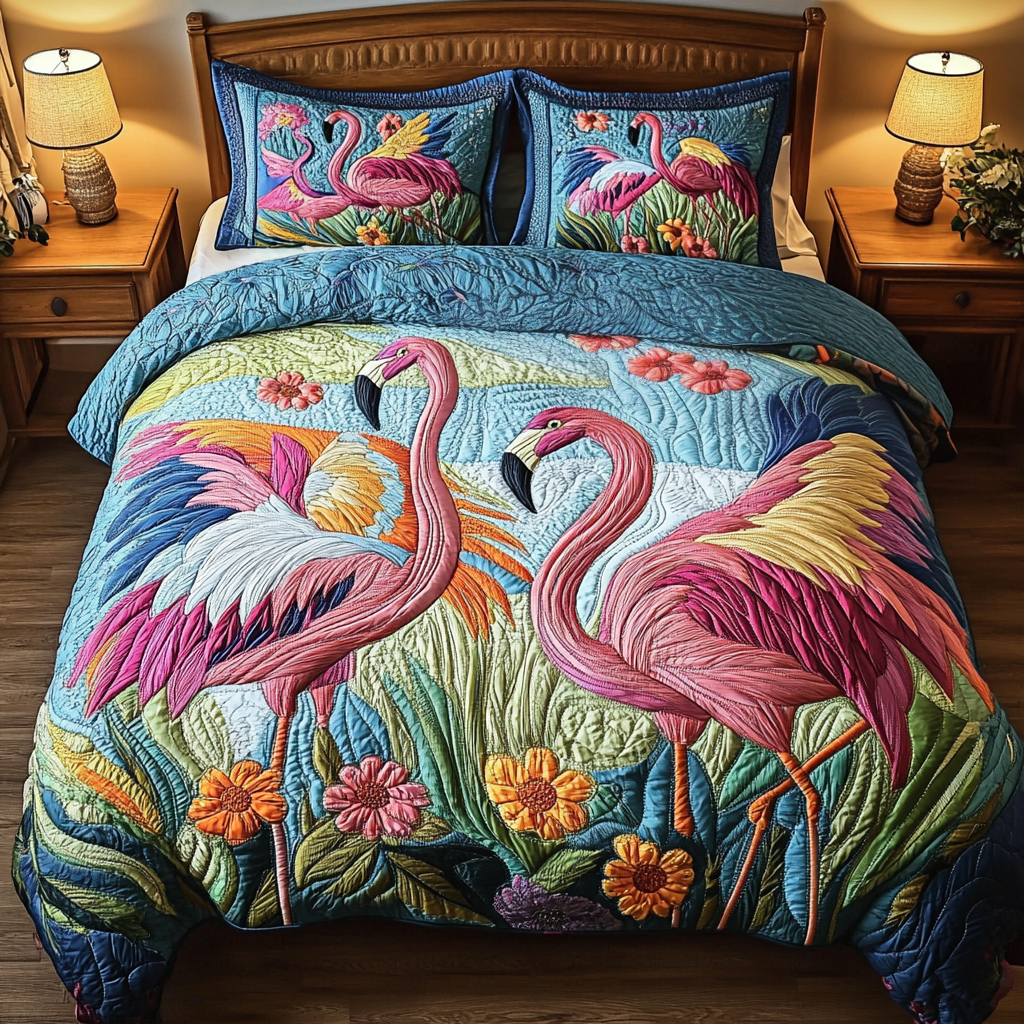 Flamingo Tango Quilted Bedding Set Bedspread Set Flamingo Gifts For Ladies
