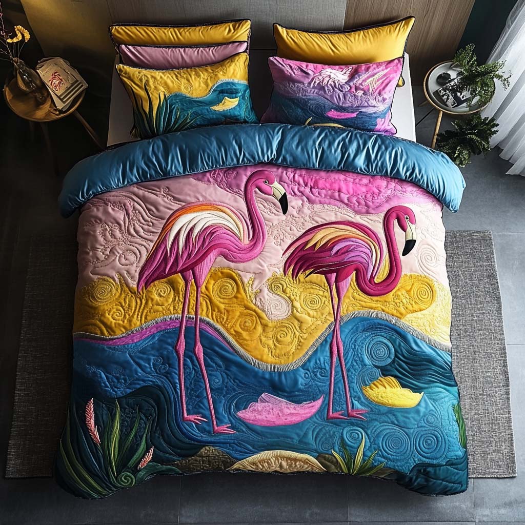 Flamingo Tango Quilted Bedding Set Cozy Bedroom Decor Unique Flamingo Presents