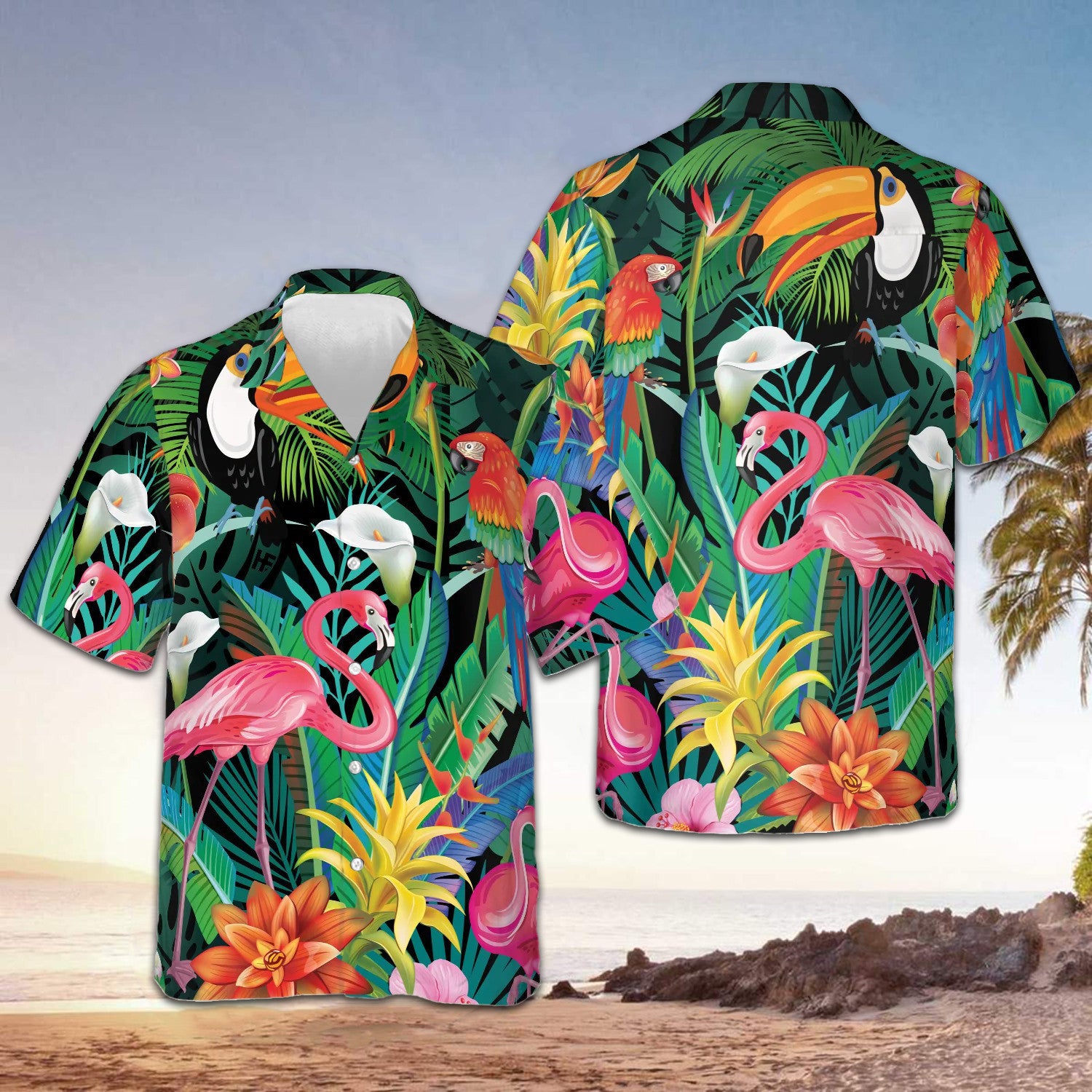 Flamingo Tropical Hawaiian Shirt Mens Beach Button Up Shirts Gifts For Family Flamingo Tropical Hawaiian Shirt Mens Beach Button Up Shirts Gifts For Family
