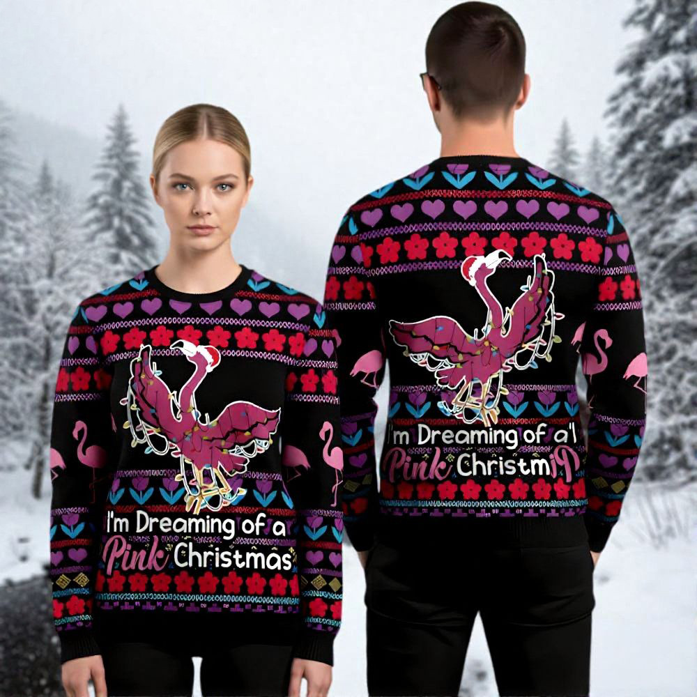 Flamingo Ugly Christmas Sweater I'm Dreaming Of A Pink Christmas Xmas Wear Gifts For Her