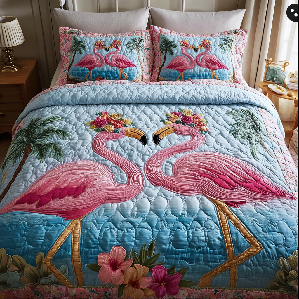 Flamingo Vibe Quilted Bedding Set Best Bed Sheet Set Flamingo Gifts For Ladies