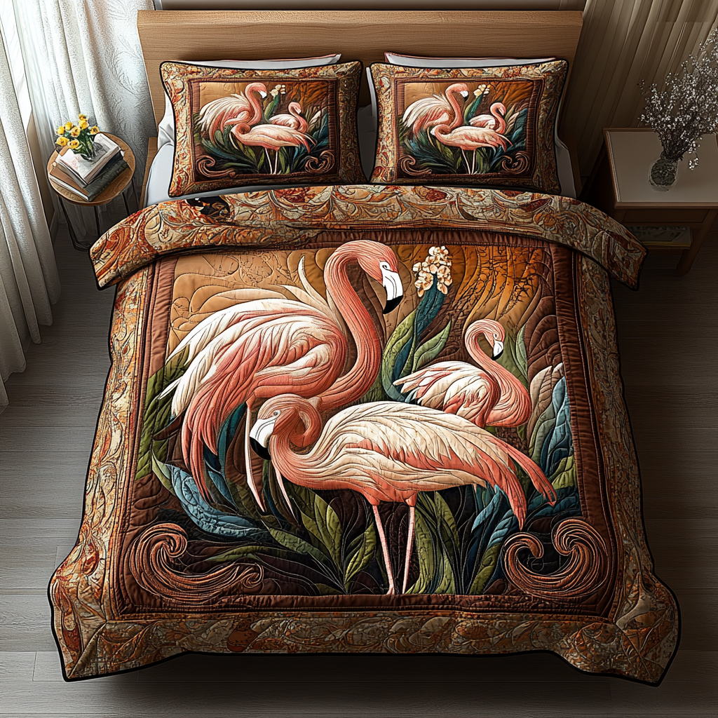 Flamingo Vibes Quilted Bedding Set Aesthetic Room Decor Flamingo Themed Gift Items