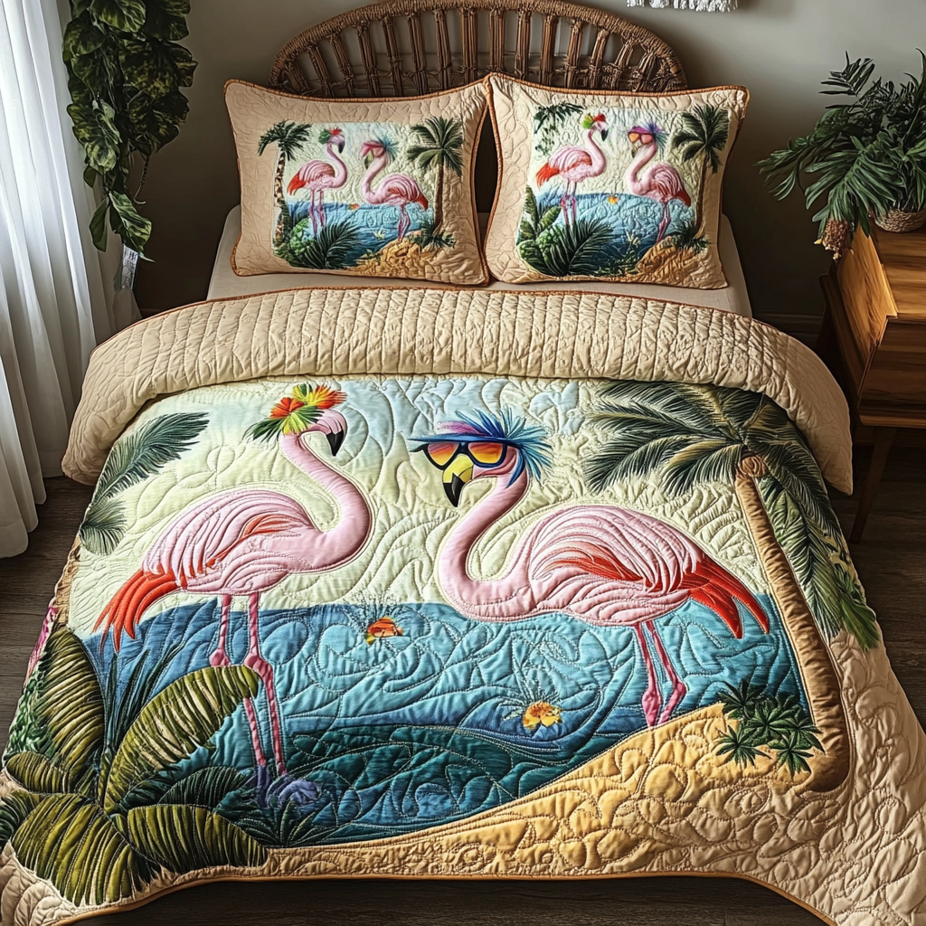 Flamingo Vibes Quilted Bedding Set Bedspread Set Flamingo Presents