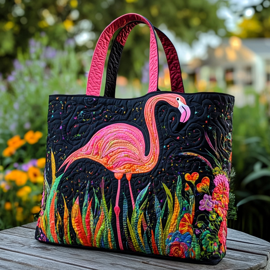 Flamingo Walk Quilted Tote Bag Unique Pink Flamingo Gifts