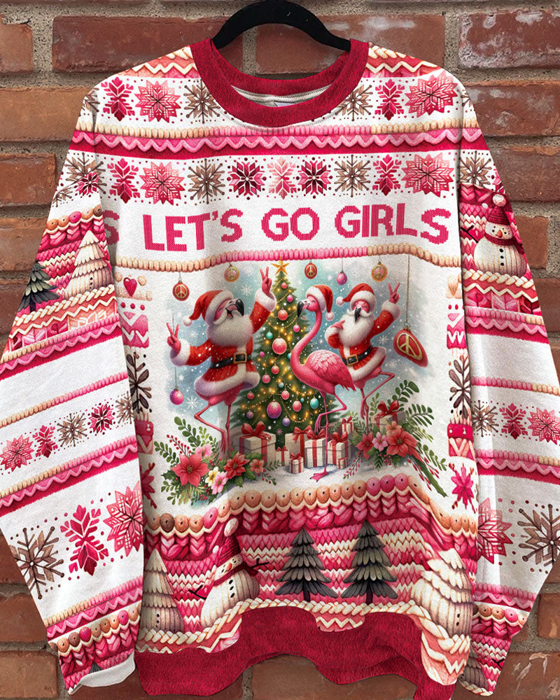 Flamingo Wearing Santa Clothes Ugly Christmas Sweater Let's Go Girls Jumper Pink Flamingo Gifts