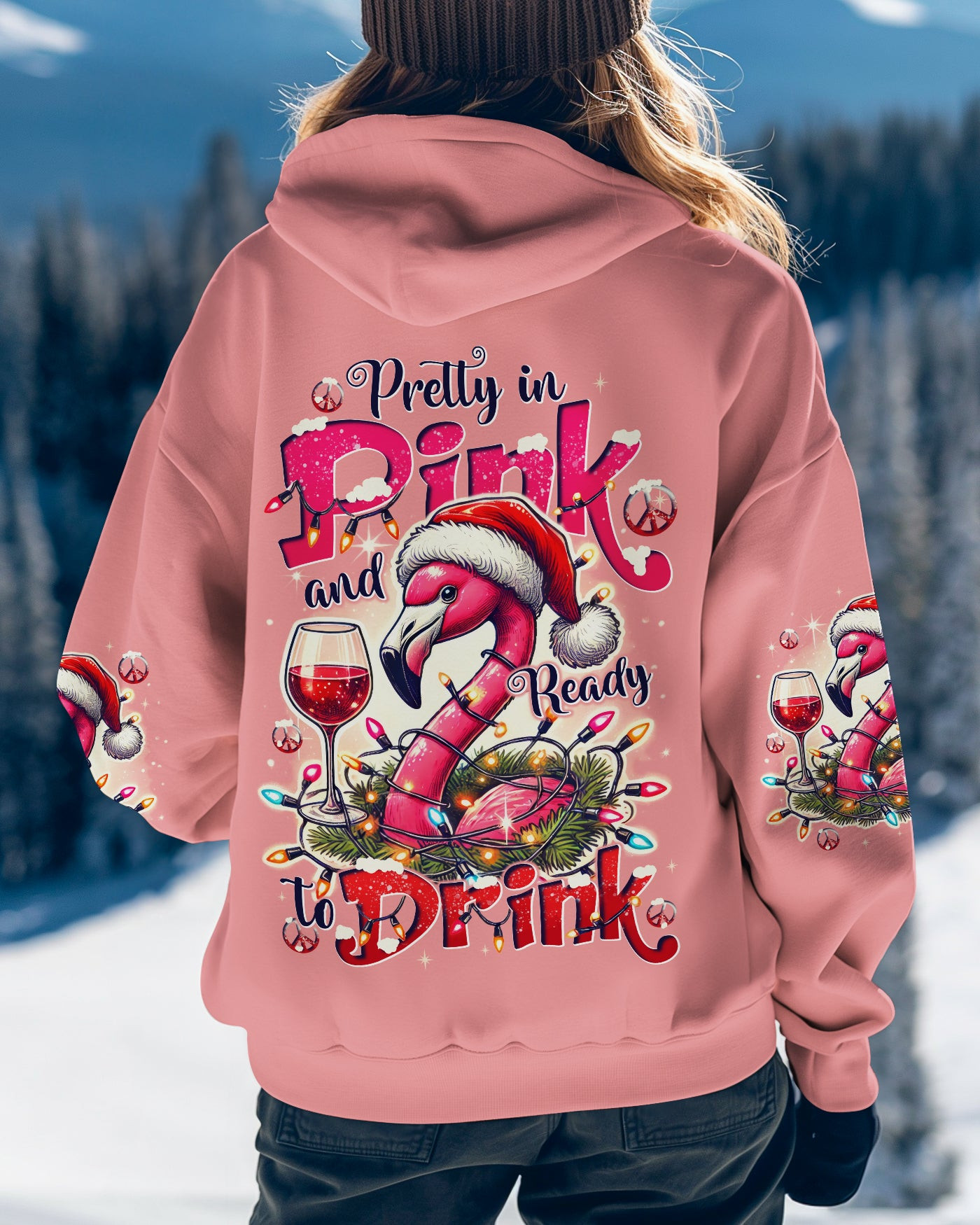 Flamingo Wine Pretty In Pink Christmas Hoodie Xmas Flamingo Apparel Wine Gifts For Him