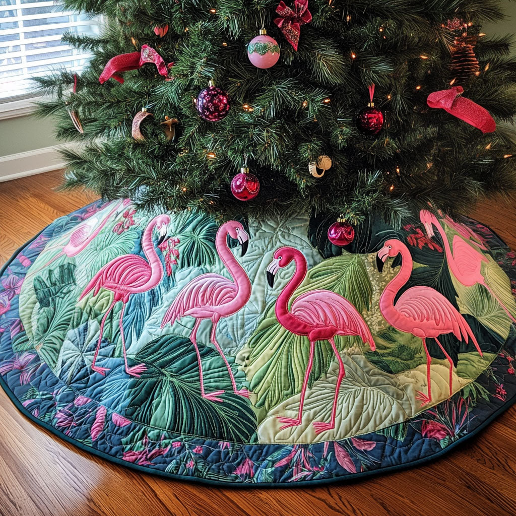 Flamingo Wonderland Quilted Christmas Tree Skirt Holiday Living Room Decor