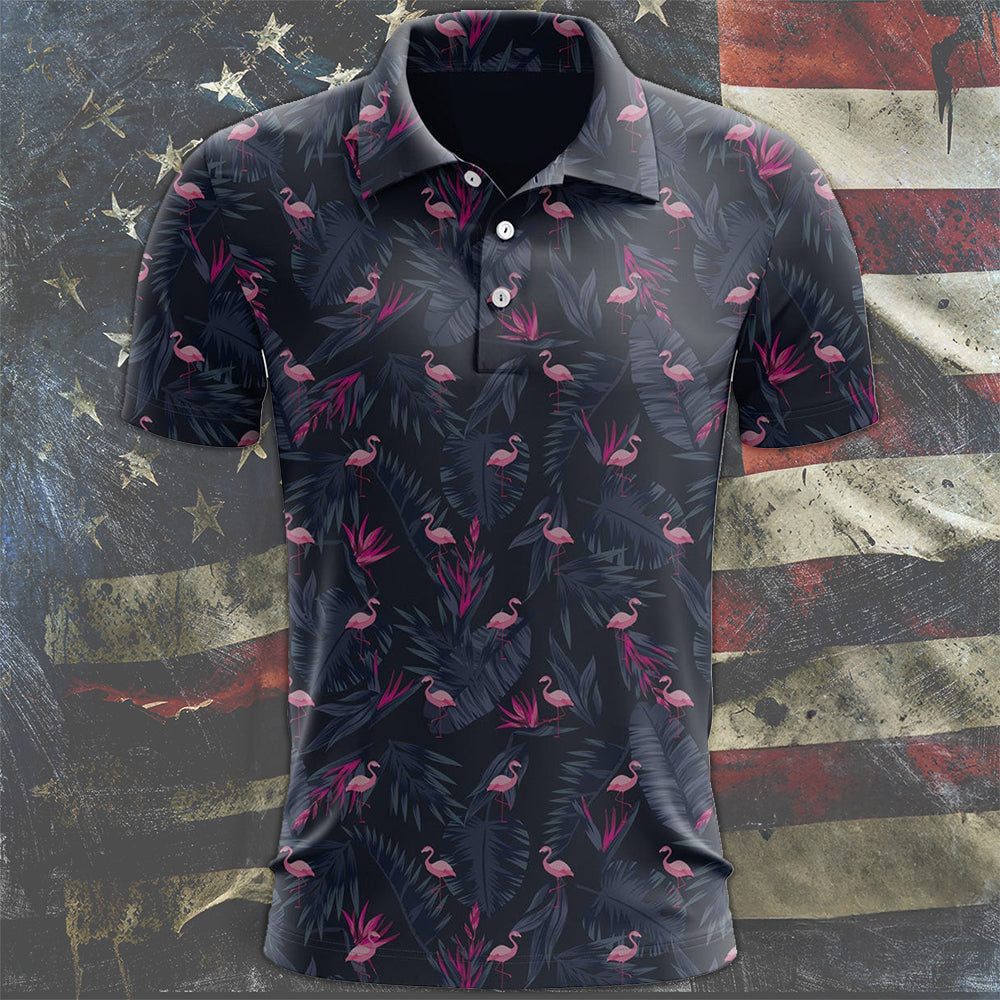 Flamingos And Palm Leaves Camo Polo Shirt Unique Golf Shirts Gifts For Husband