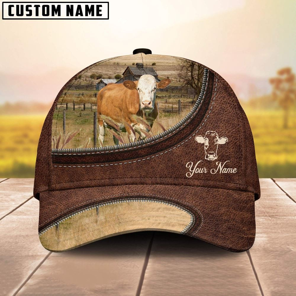 Fleckvieh On The Farm Customized Name Leather Pattern Cap Farmer Baseball Cap Gift For Farmer