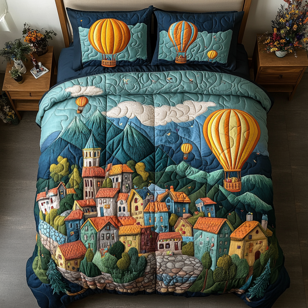 Flight Fantasy Quilted Bedding Set Bedroom Decorations Sky Air Balloon Gifts For Him