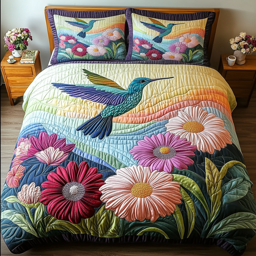 Flight of Beauty Quilted Bedding Set Bedroom Decorations Hummingbird Themed Gift Items