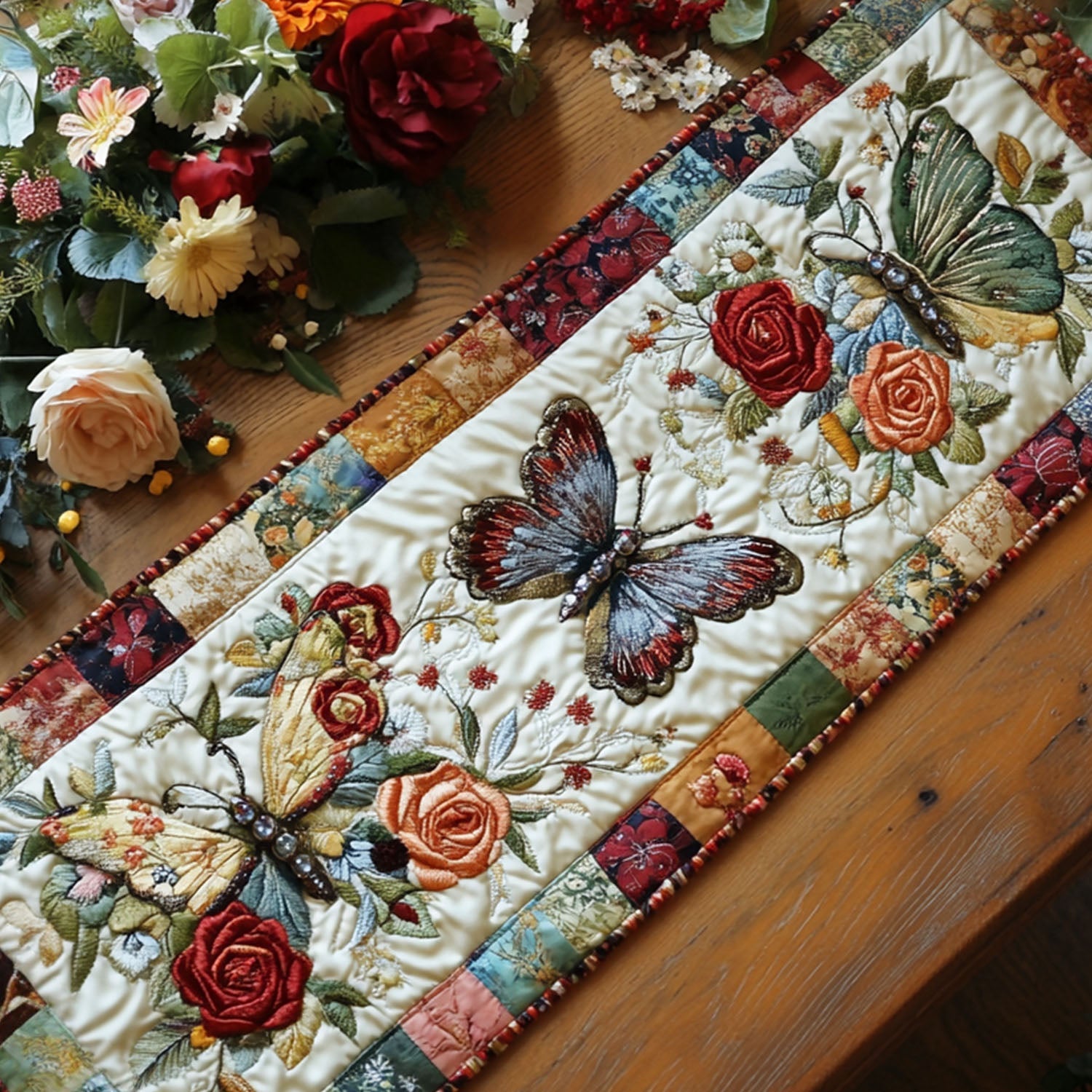 Flight of Flowers Quilted Table Runner Kitchen Table Decor Butterfly Themed Gift Items