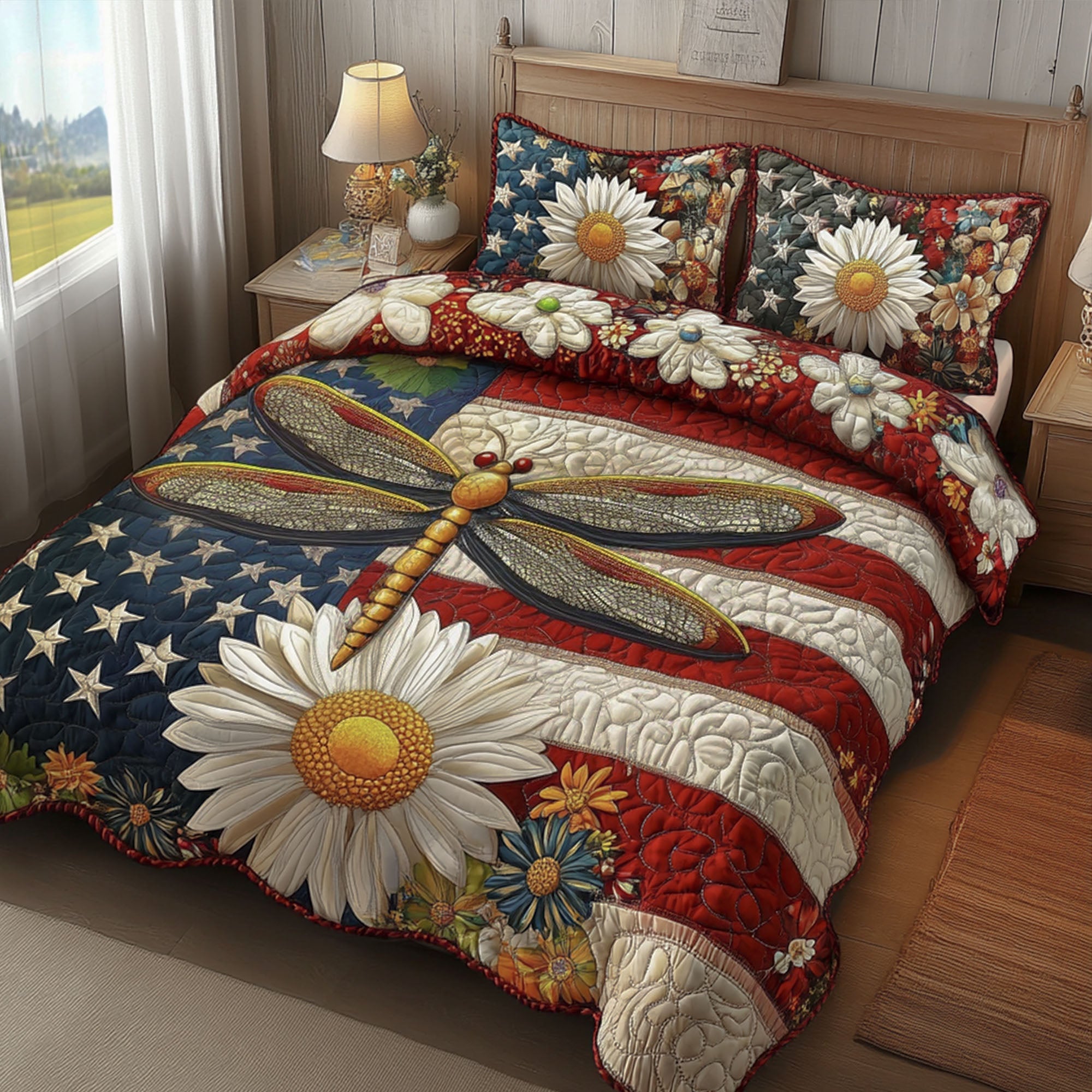 Flight of Liberty Quilted Bedding Set Duvet Cover Bed Sheet Set Dragonfly Gift Items