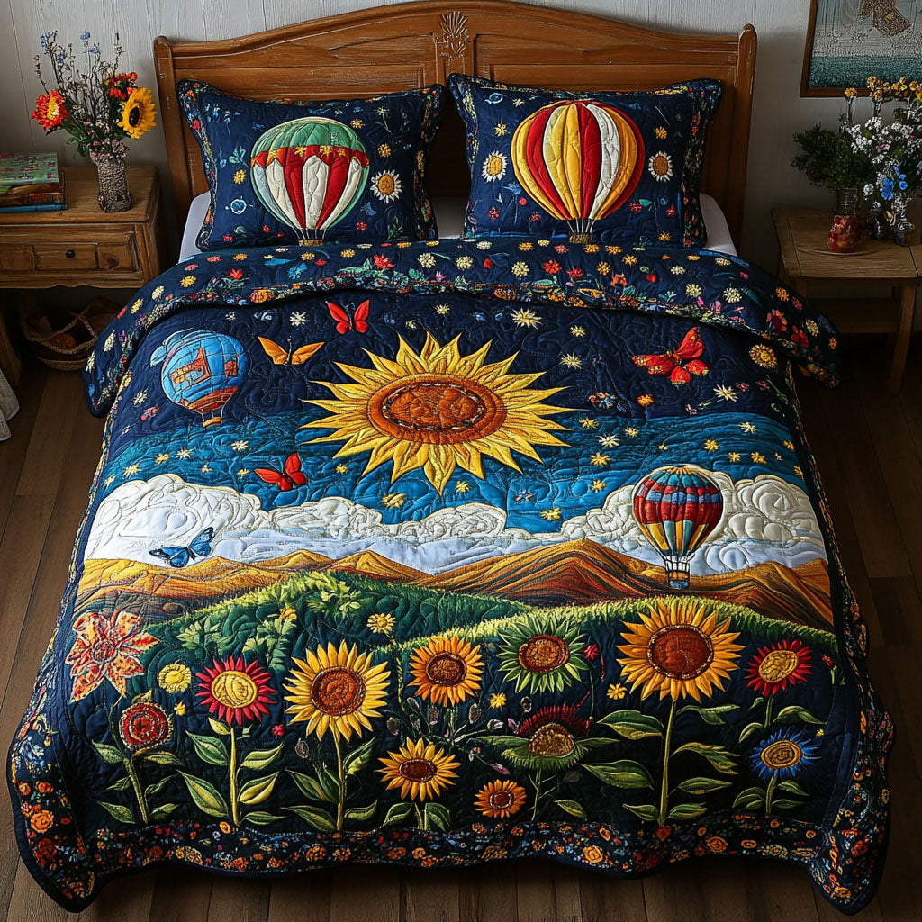 Flight Over Fields Quilted Bedding Set Bedroom Decorations Sky Air Balloon Gifts For Him