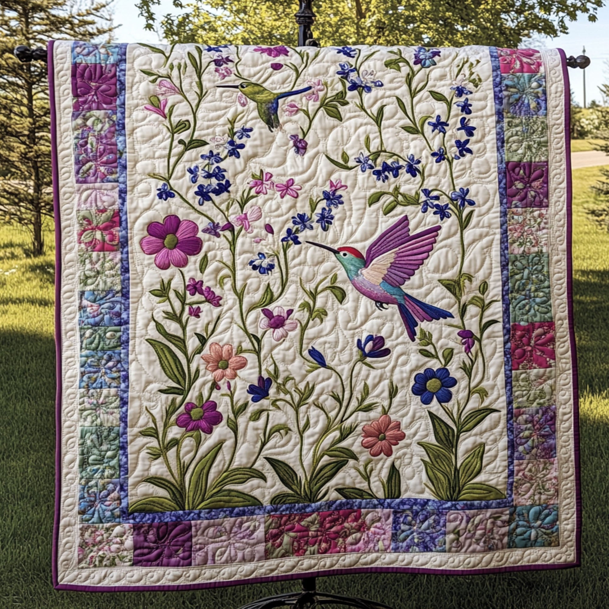 Flight Through Bloom Quilted Blanket Christmas Holiday Best Hummingbird Themed Gifts