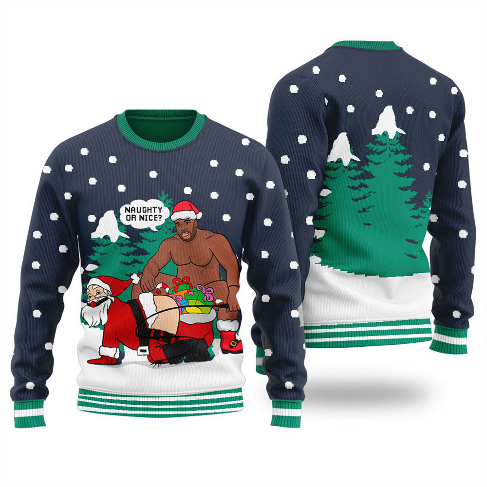 Flirting Santa Barry Wood Ugly Christmas Sweater Navy Trendy Christmas Sweater for Winter Outfits