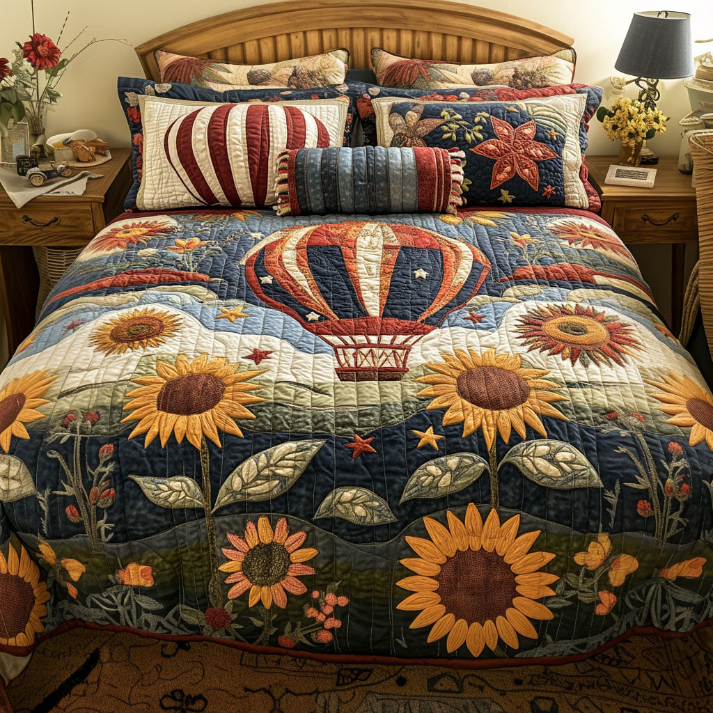 Floating Floralscape Quilted Bedding Set Bed Room Decoration Sky Air Balloon Gifts For Her
