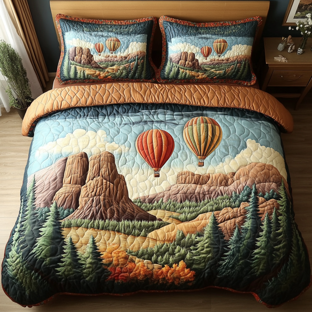 Floating High Quilted Bedding Set Cool Bedroom Decor Sky Air Balloon Themed Gifts