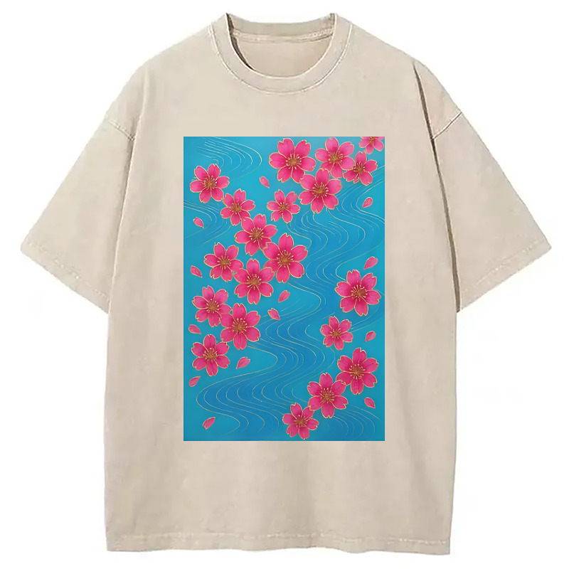 Floating Sakura Blossoms Washed T-Shirt Unique Aesthetic Fashion Tee Gifts For BFF