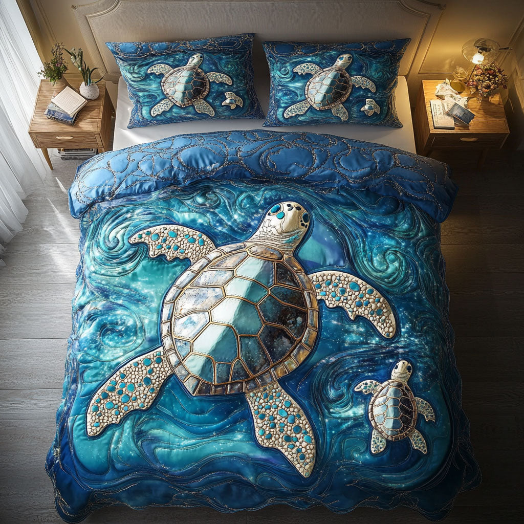Floating Shell Magic Quilted Bedding Set Bed Room Decoration Sea Turtle Gift Ideas For Her