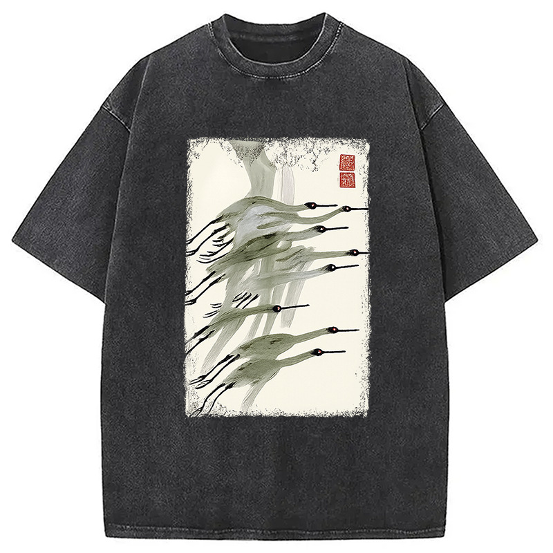 Flock of Cranes in Flight Washed T-Shirt Funny Quote Unisex Shirt Gifts For Brother