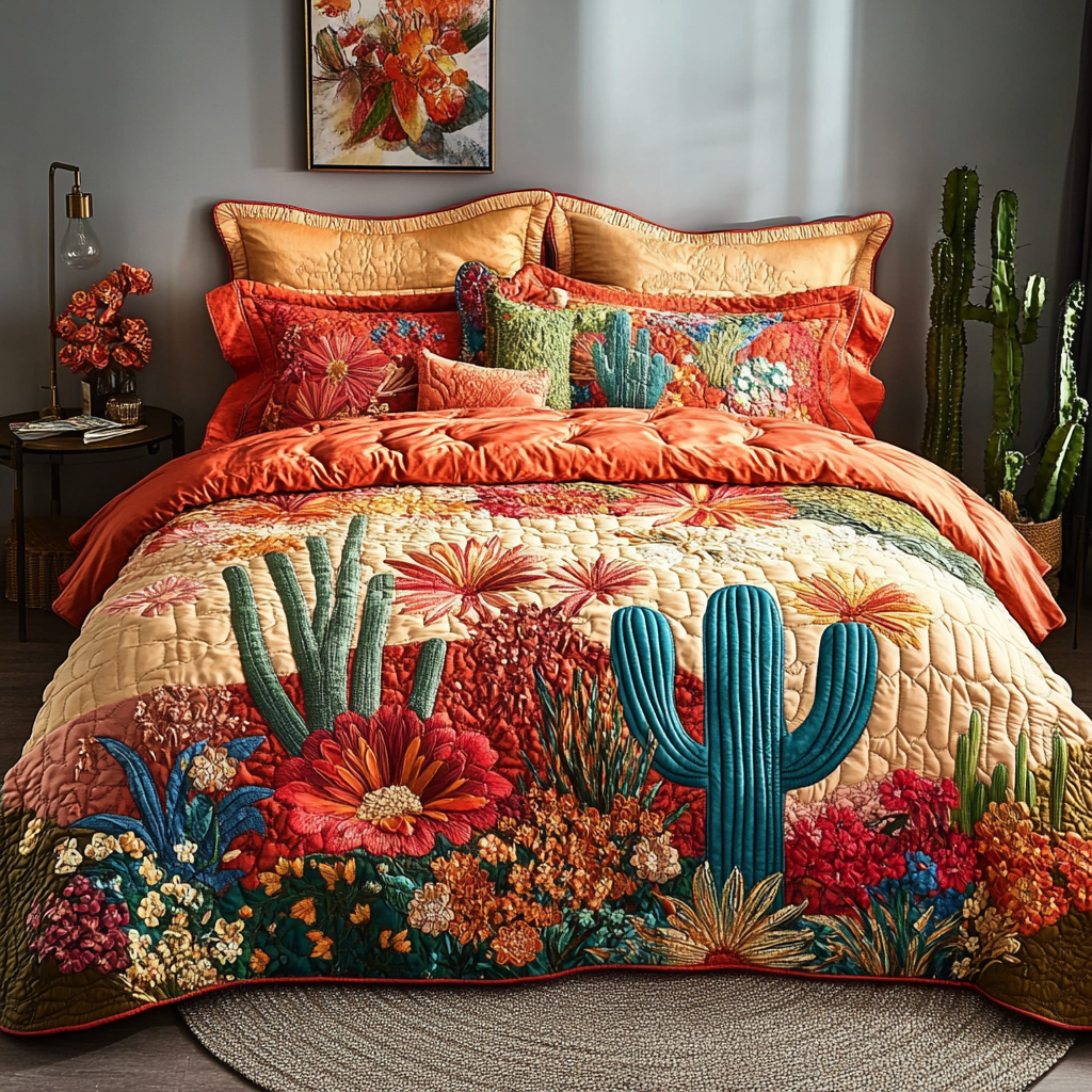 Flora Dream Quilted Bedding Set Bedspread Set Succulent Gift For Him Her