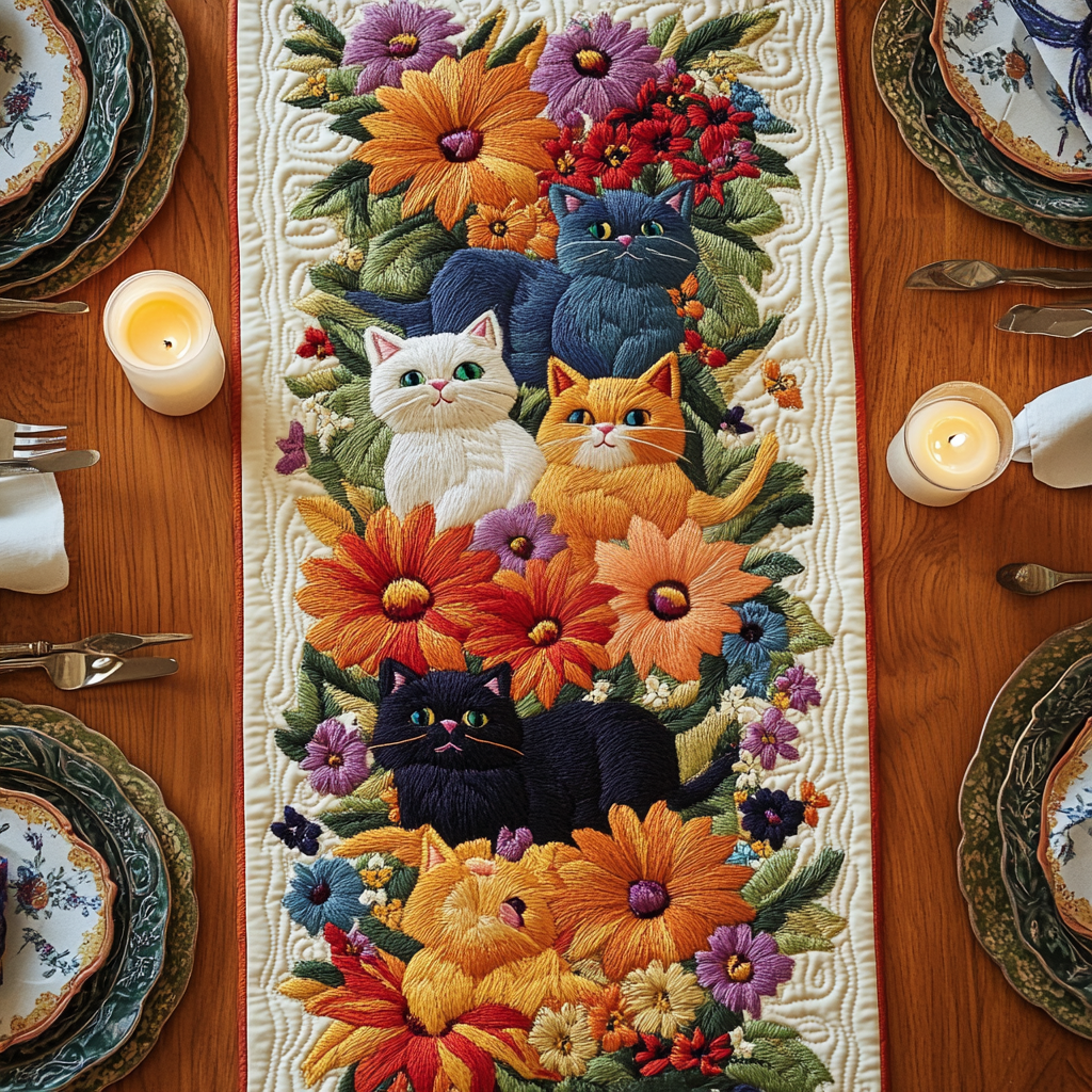Flora Friends Quilted Table Runner Dining Table Ideas Cat Mom Gifts
