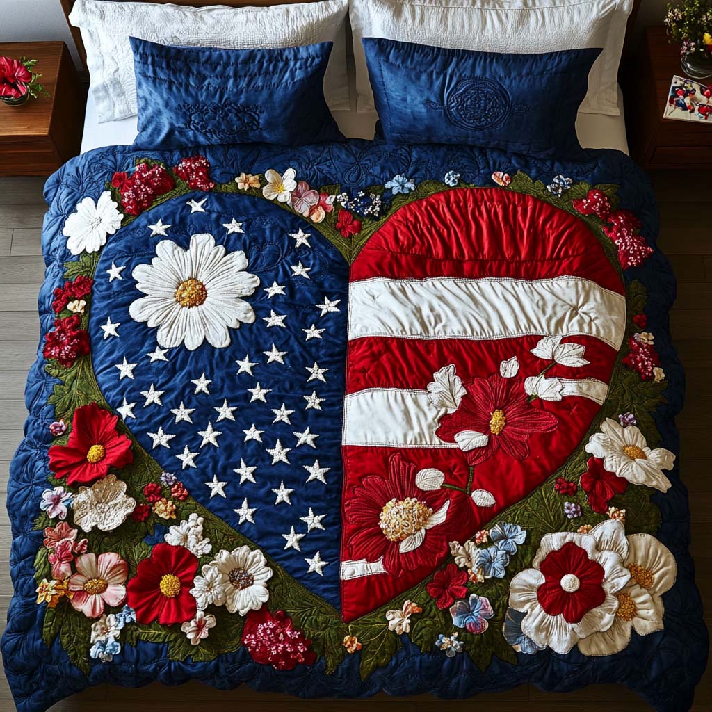 Floral Allegiance Quilted Bedding Set Aesthetic Room Decor Patriotic Gifts For Men
