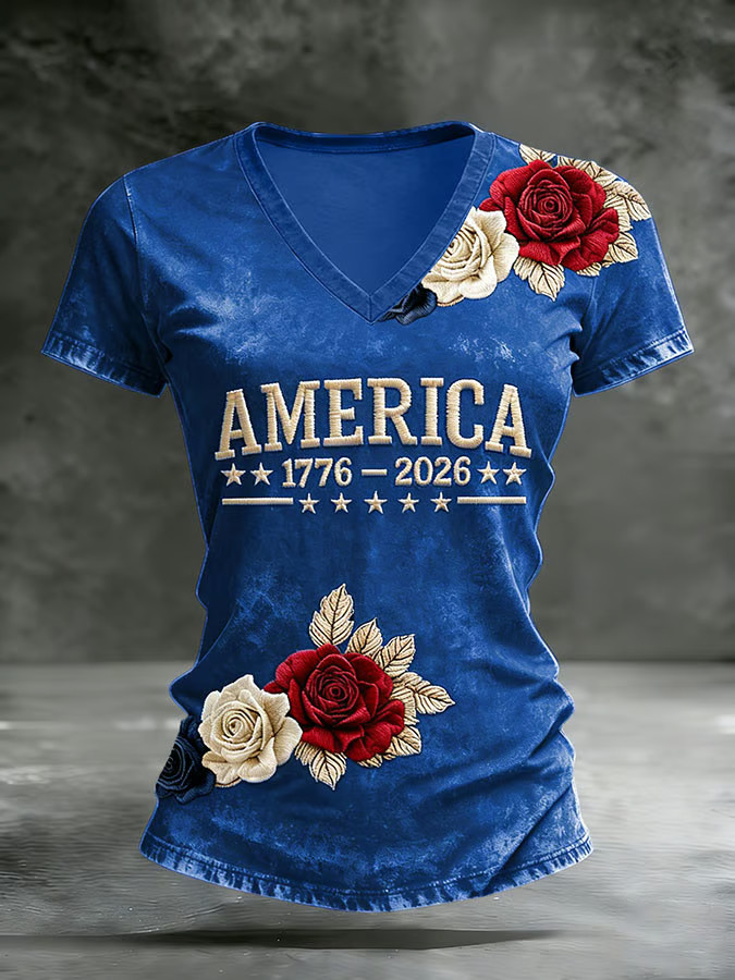 Floral America 250th Anniversary V-Neck T-Shirt 1776 2026 Women's Fourth Of July Clothes Gifts