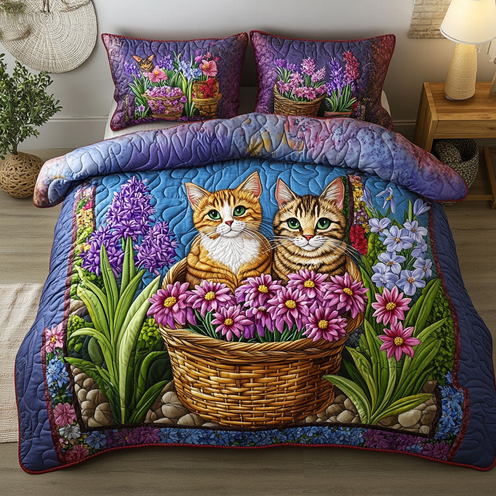 Floral Basket Kittens Quilted Bedding Set Bed Decorations Christmas Ideas For Cat Lovers