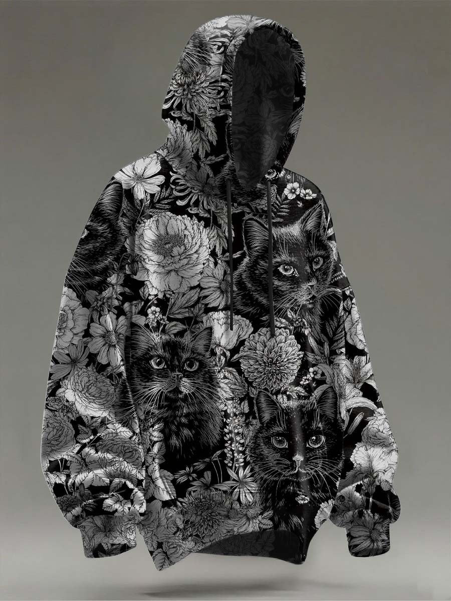 Floral Black Cat Hoodie Flower Clothing Halloween Holiday Gifts For Cat Lovers