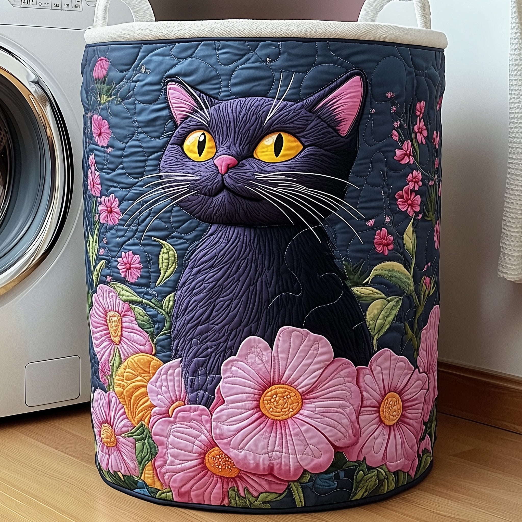 Floral Black Cat Quilted Laundry Basket Gift Idea For Busy Families