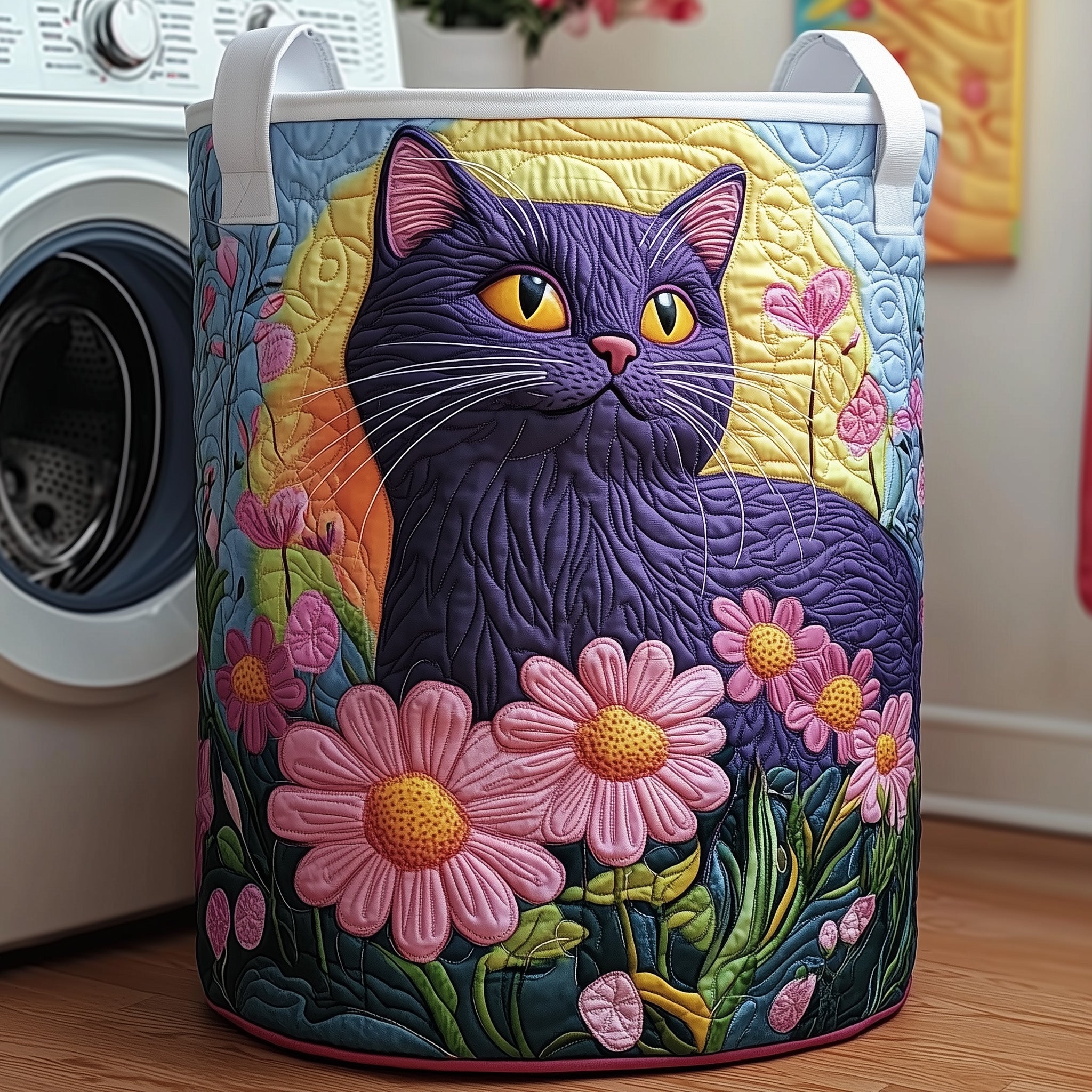 Floral Black Cat Quilted Laundry Basket Merch For Cozy Nights
