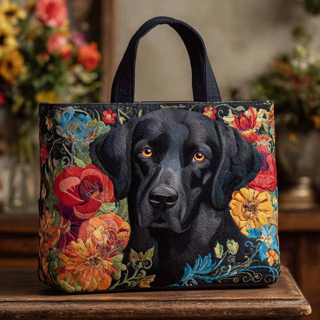 Floral Black Lab Quilted Tote Bag Great Gifts For Dog Owners