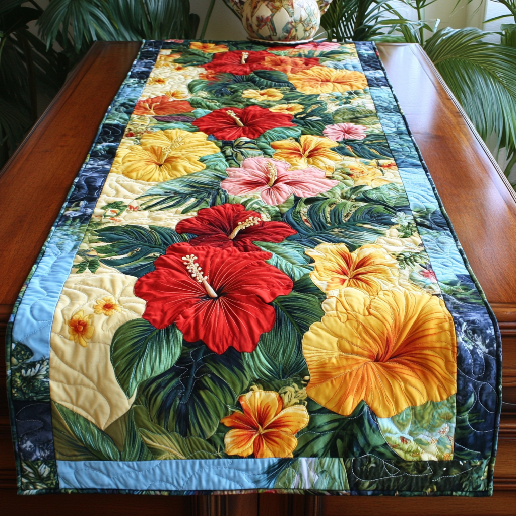 Floral Bliss Quilted Table Runner Hibiscus Table Runner Family Present Ideas