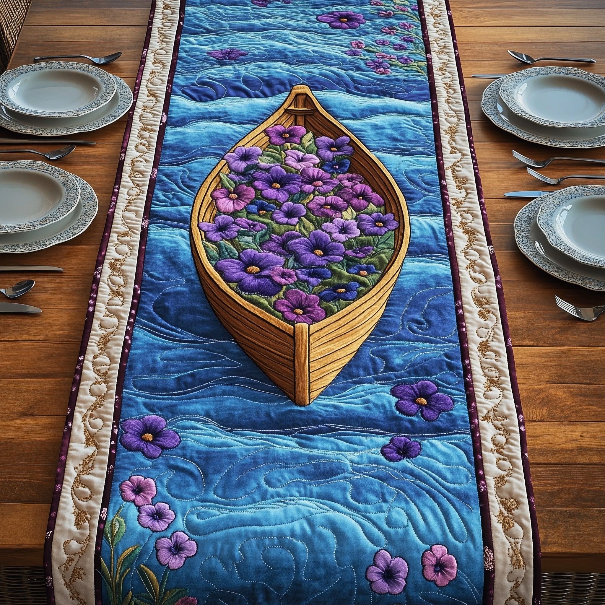Floral Boat Quilted Table Runner Christmas Table Runner