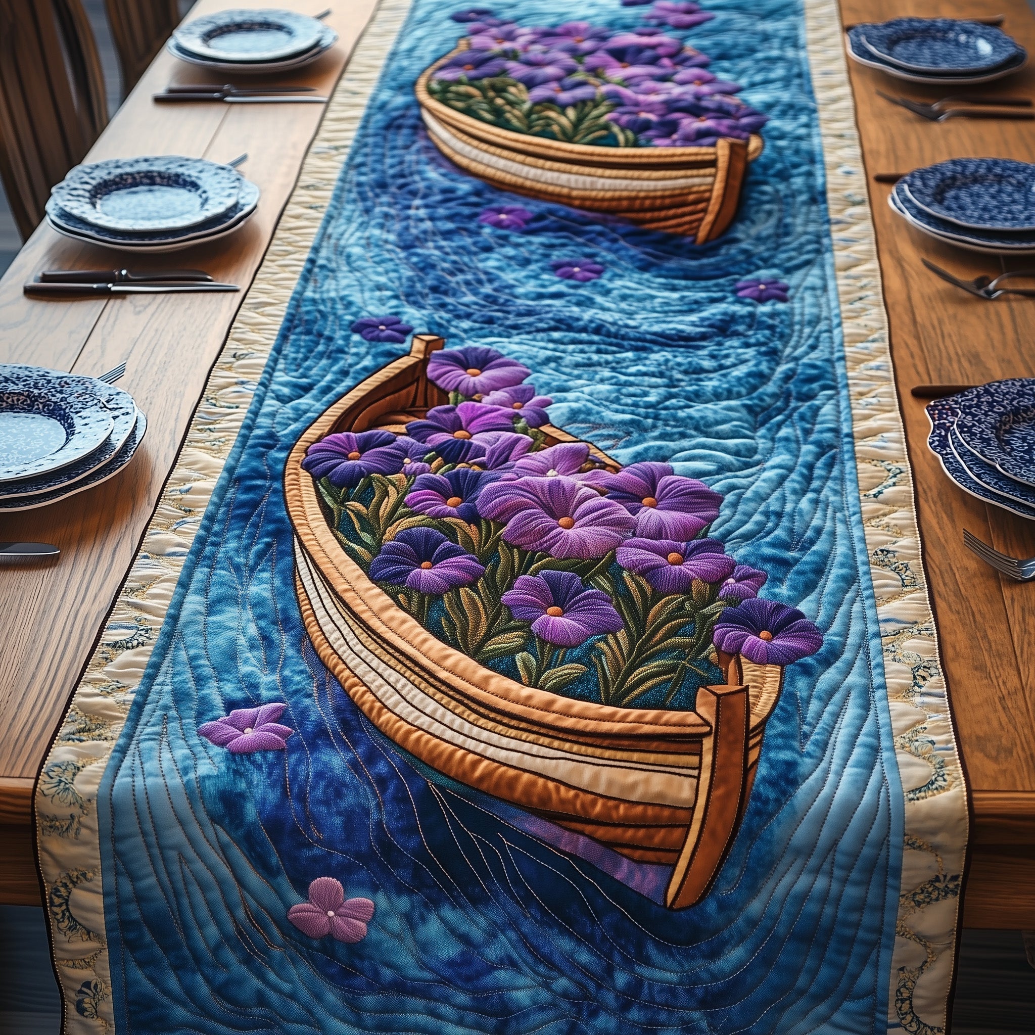 Floral Boat Quilted Table Runner Holiday Season Table Runner