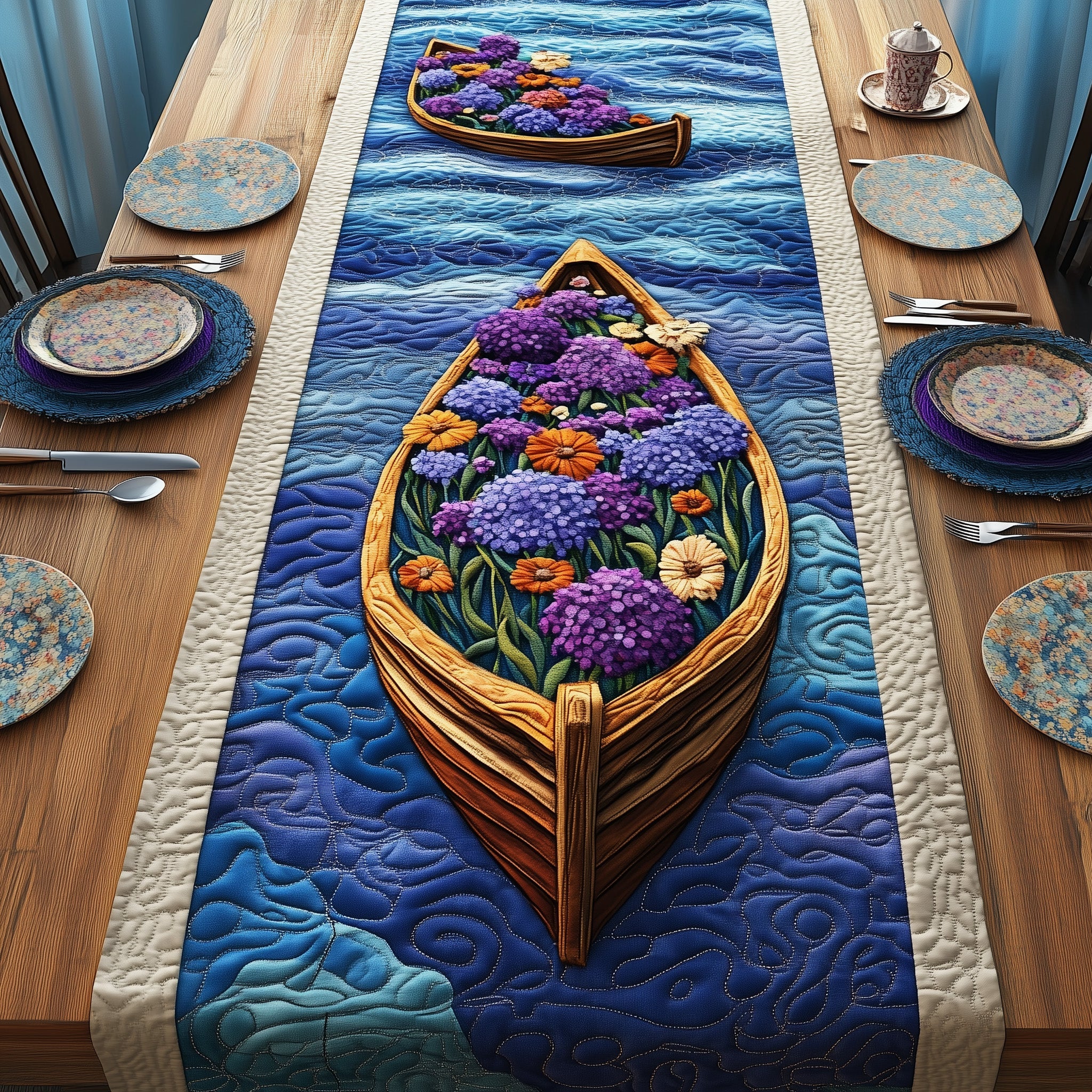 Floral Boat Quilted Table Runner Holiday Table Runner Decoration