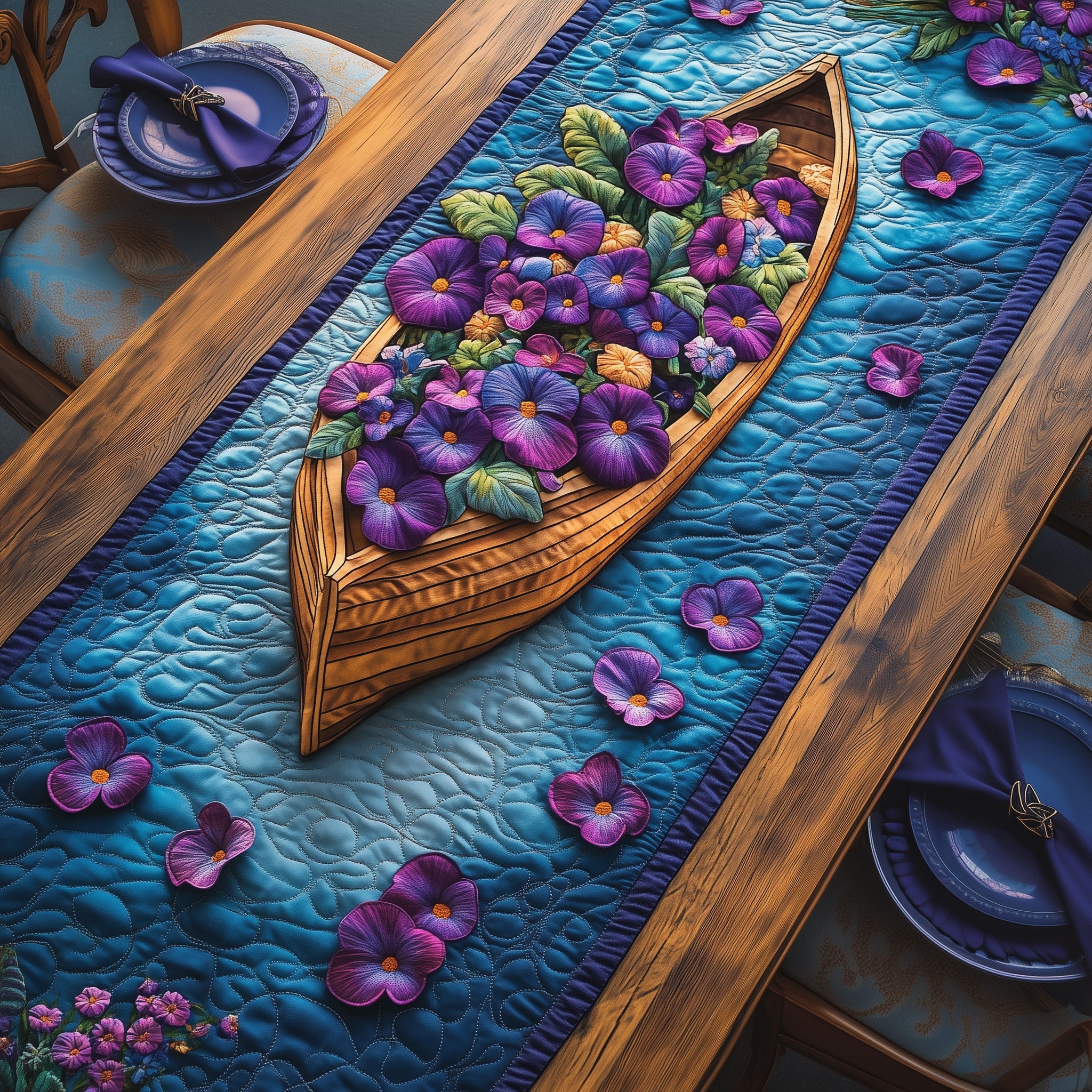 Floral Boat Quilted Table Runner Holiday Table Runner Gift Idea