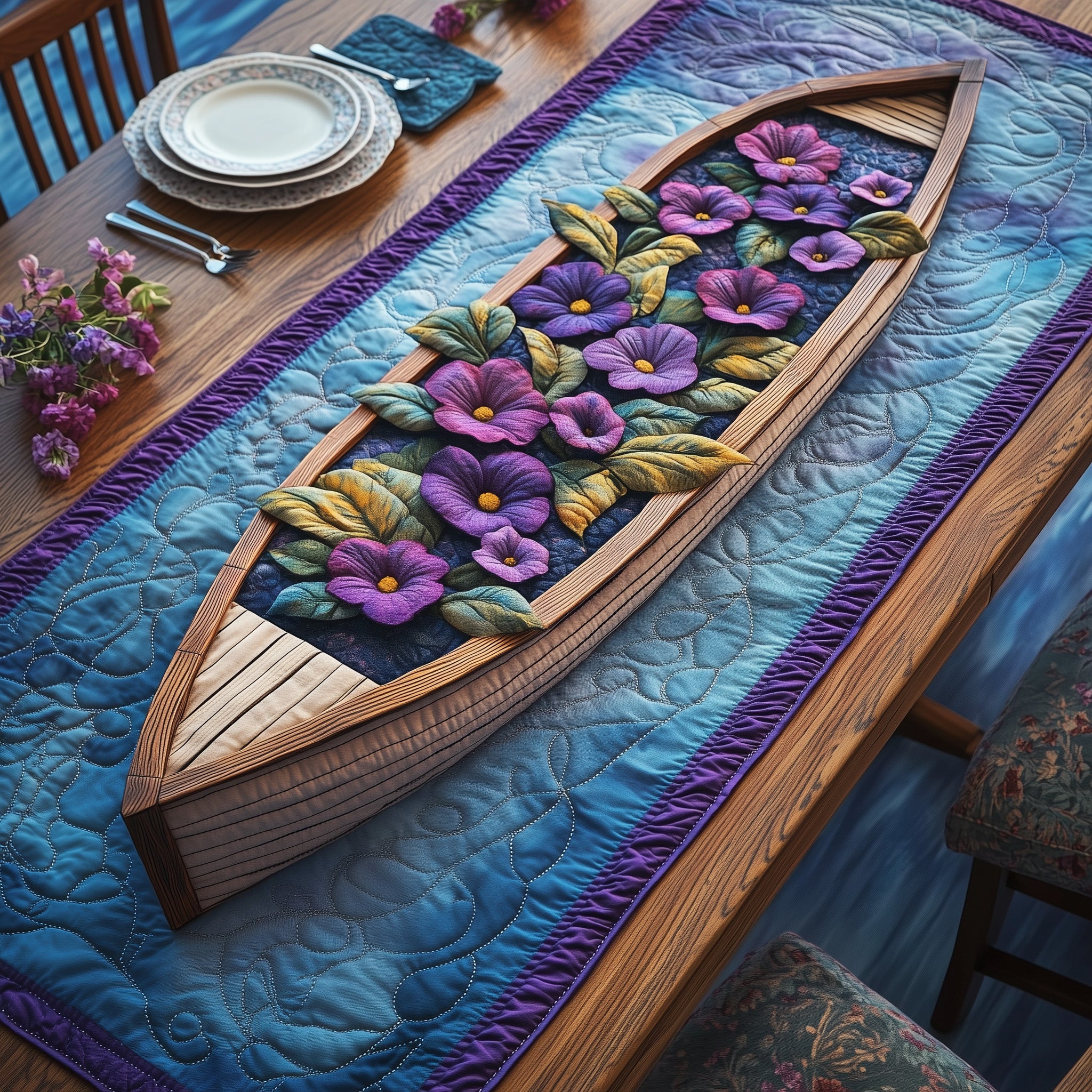 Floral Boat Quilted Table Runner Merry Christmas Table Runner Decor