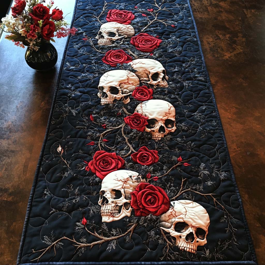 Floral Bones Quilted Table Runner Sugar Skull Table Runner Family Gift Ideas