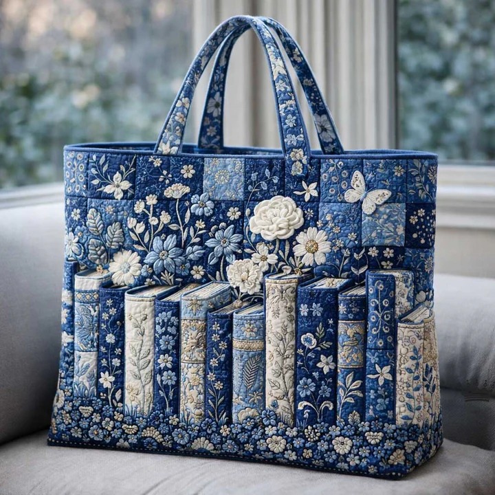 Floral Book Collection Library Quilted Tote Bag Bookworm Literary Flower Lover Nature Gift For Her