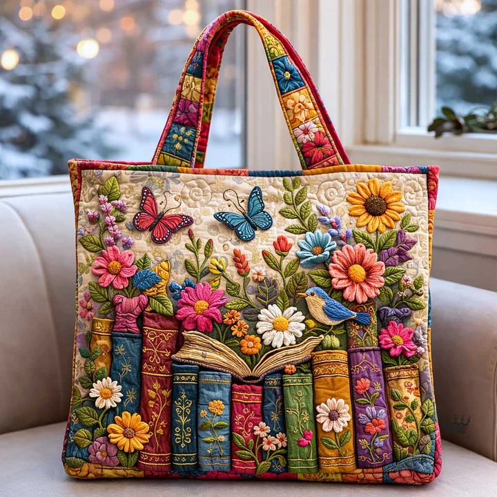 Floral Book Garden Butterfly Quilted Tote Bag Bookworm Literary Colorful Season Reader Gift For Her