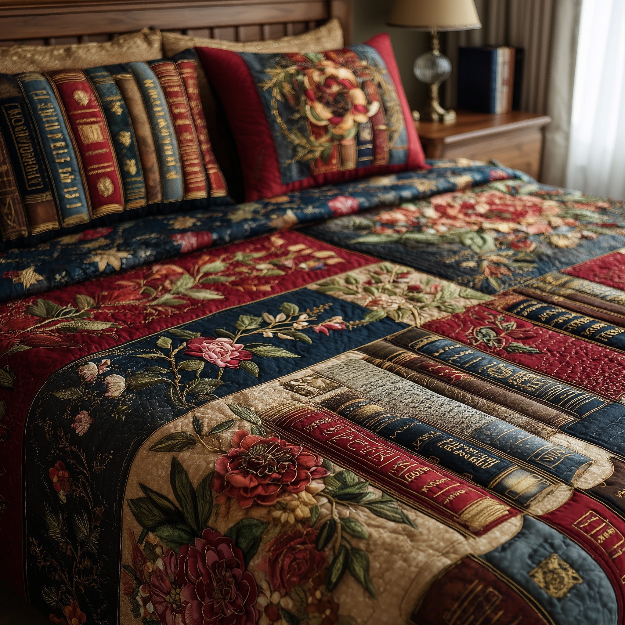 Floral Bookish Quilted Bedding Set Birthday Gift