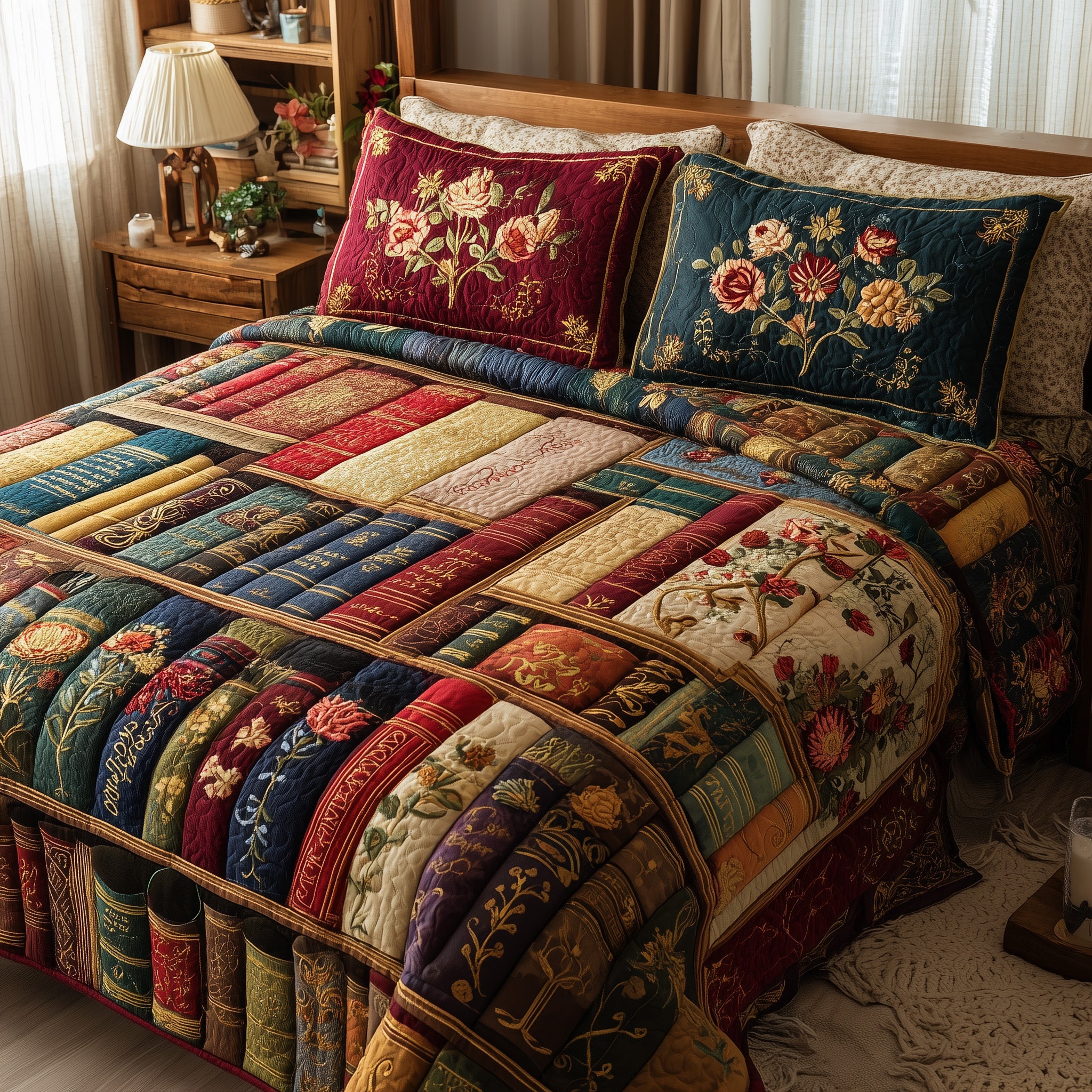 Floral Bookish Quilted Bedding Set Create a Cozy Space